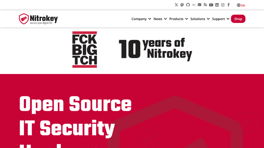 Nitrokey website highlighting 10 years of open source IT security hardware