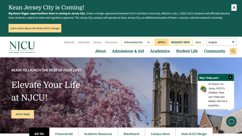 Homepage of NJCU featuring a welcome message and campus image.