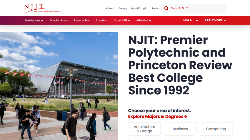 NJIT homepage featuring campus image, tagline, and area of interest selection.