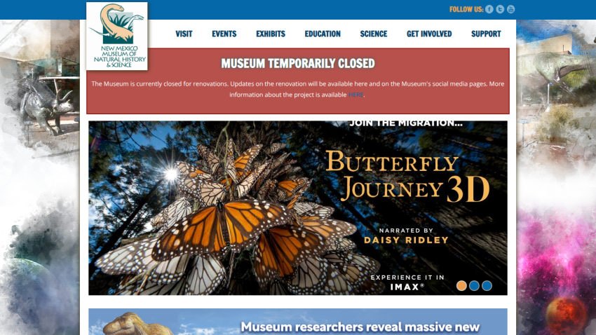 New Mexico Museum of Natural History & Science website with closure notice and Ancient Life exhibit promotion