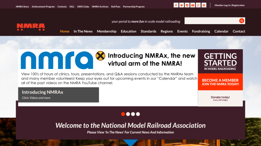 National Model Railroad Association homepage with navigation, NMRAx virtual arm introduction, and membership call to action