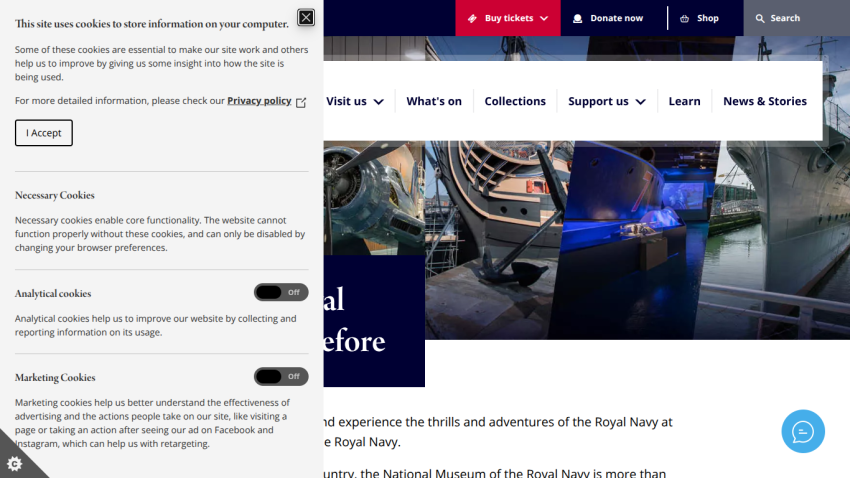 National Maritime Museum homepage with navigation menu and hero image promoting Royal Navy adventures