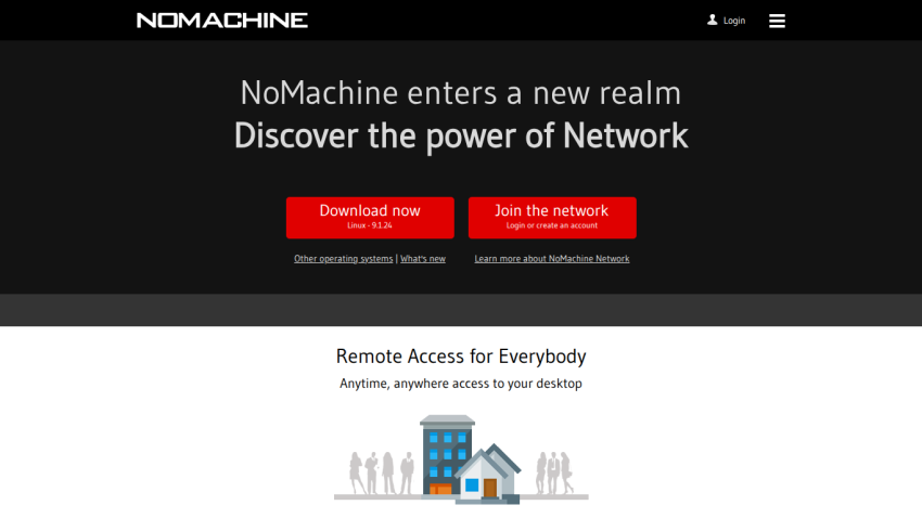 NoMachine homepage featuring a call to action for remote access services.