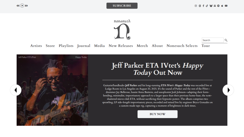 Homepage featuring Jeff Parker's album release announcement and image.
