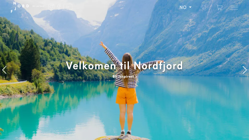 Travel website welcoming visitors to Nordfjord with a scenic fjord and mountains background