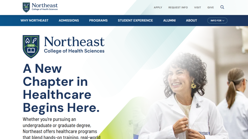 Northeast College of Health Sciences homepage with headline about healthcare programs and smiling students in lab coats