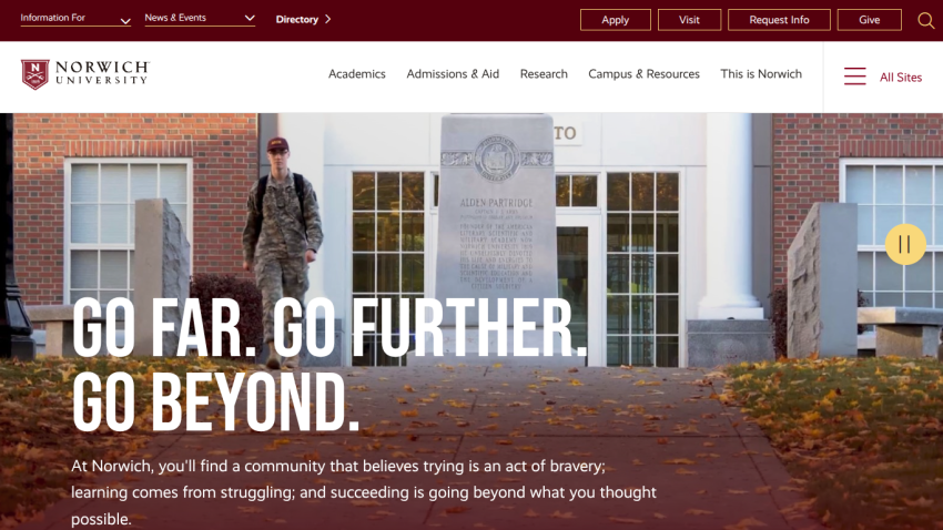 Norwich University homepage featuring a soldier and the slogan 'Go far. Go further. Go beyond.'