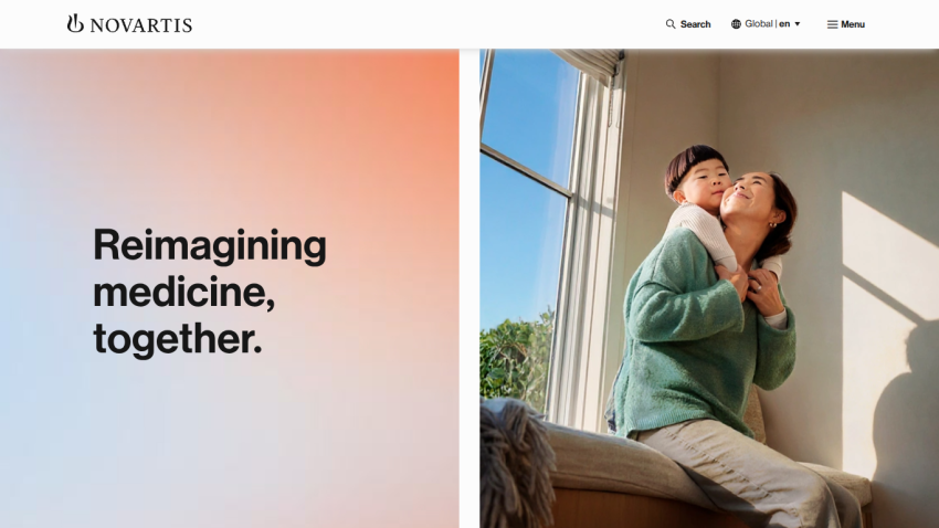 Novartis homepage featuring a mother and child with the tagline 'Reimagining medicine, together.'