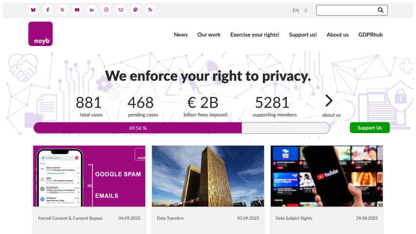 Homepage displaying privacy statistics and key messages about user rights.
