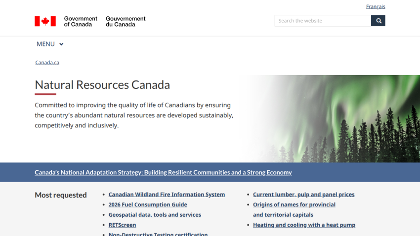 Natural Resources Canada homepage with mission statement and resource links.