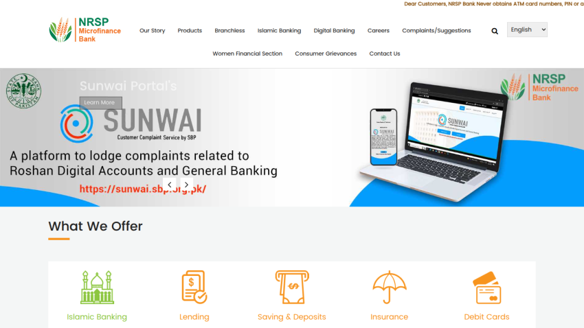 NRSP Microfinance Bank homepage featuring Sunwai complaint service platform and banking product offerings