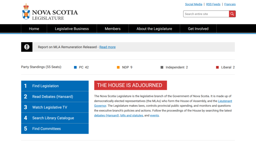 Nova Scotia Legislature homepage with navigation, party standings, and notice that the house is adjourned