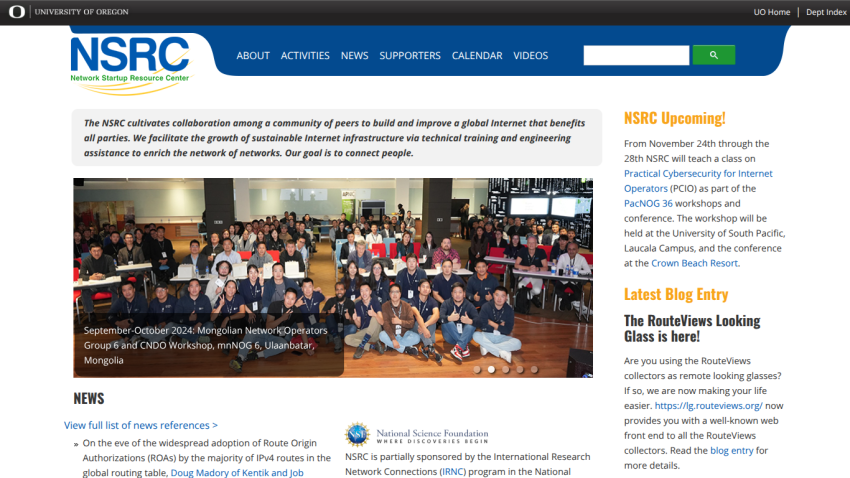 Network Startup Resource Center homepage with navigation, mission statement, event announcement, and latest blog entry