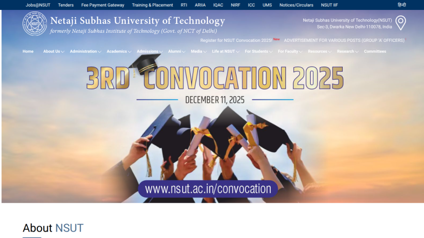 Netaji Subhas University of Technology homepage with 3rd Convocation 2025 announcement on December 11, 2025
