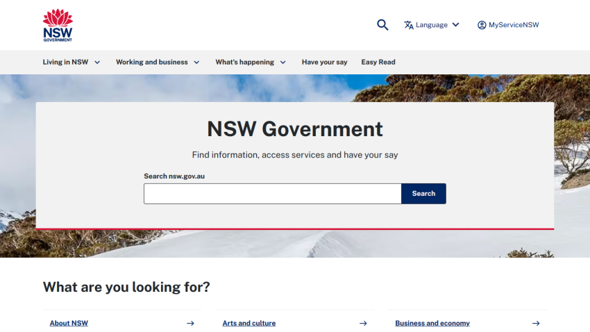 NSW Government homepage with search bar and service access information.