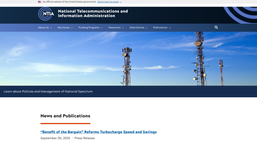 National Telecommunications and Information Administration homepage with news and publications section.