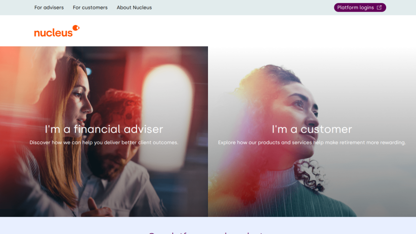 Nucleus homepage with options for financial advisers and customers, highlighting client outcomes and retirement rewards.