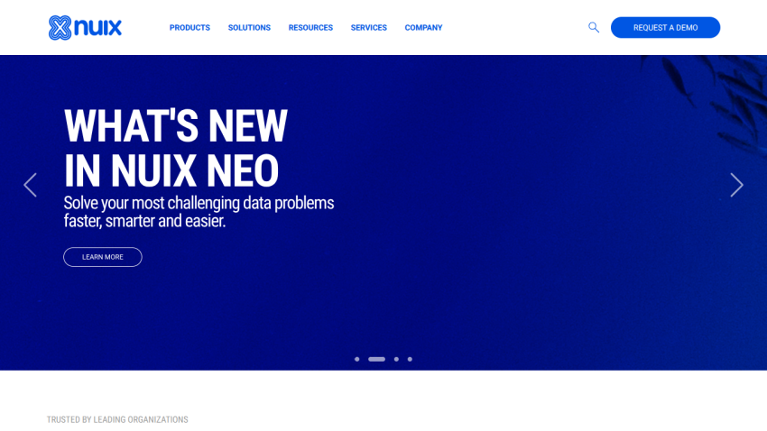 Nuix website hero section highlighting new data problem-solving features with navigation and call to action