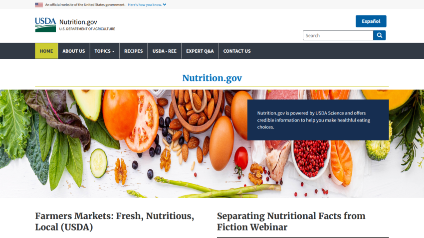 Nutrition.gov homepage featuring fresh produce and links to resources.