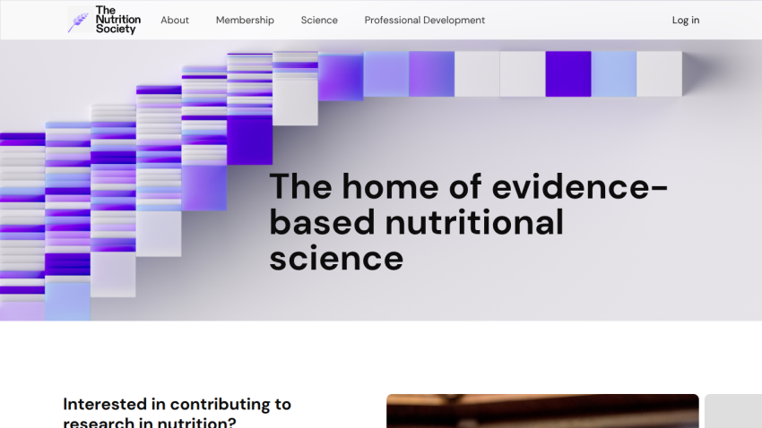 Nutrition Society homepage with navigation and headline about evidence-based nutritional science