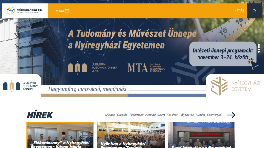 University of Nyíregyháza homepage featuring Science and Art Celebration event and news highlights