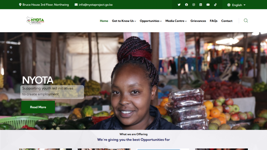 NYOTA homepage supporting youth-led initiatives to create employment with navigation menu and contact info.