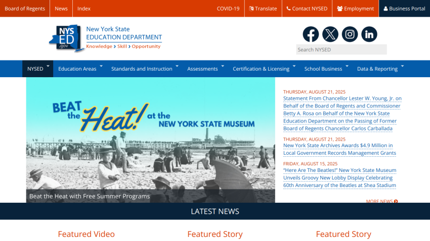 Homepage of the New York State Education Department featuring a banner about the New York State Museum.