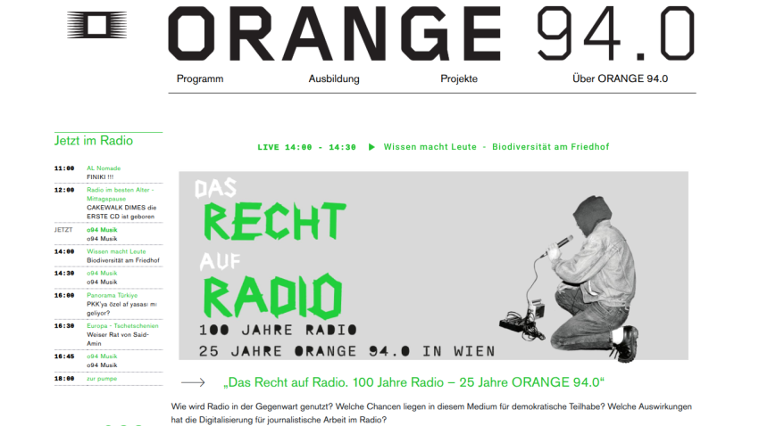 ORANGE 94.0 radio station homepage showing live program schedule and 25 years celebration banner