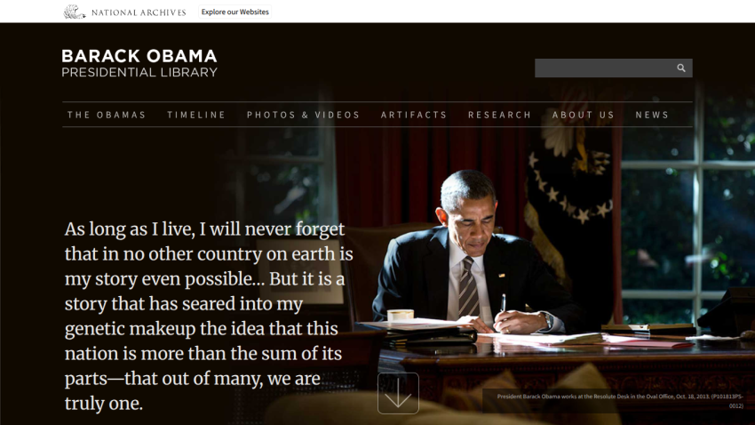 Barack Obama Presidential Library homepage with a quote and image of Obama working at the Resolute Desk in the Oval Office