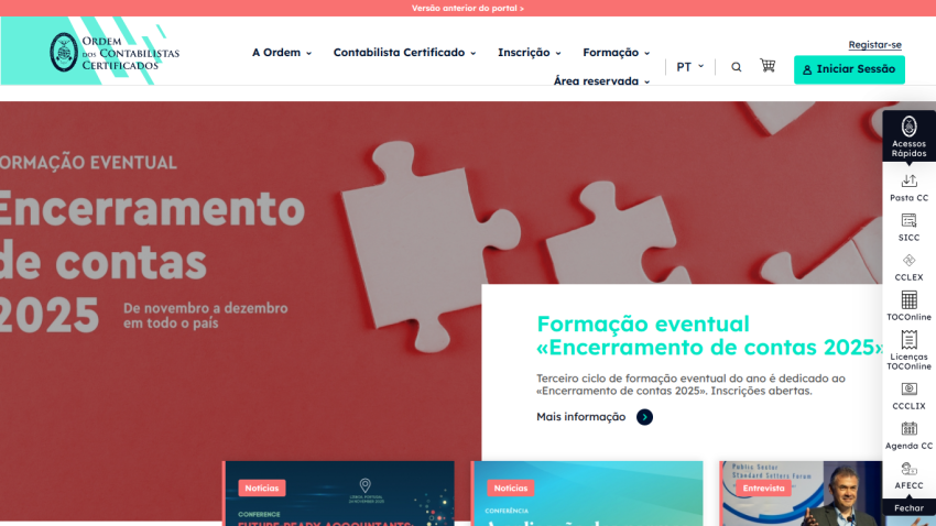 Website header and hero section about 'Encerramento de contas 2025' training event with registration info