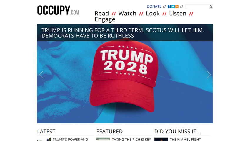 Occupy.com homepage with headline about Trump running for a third term and a red Trump 2028 hat image