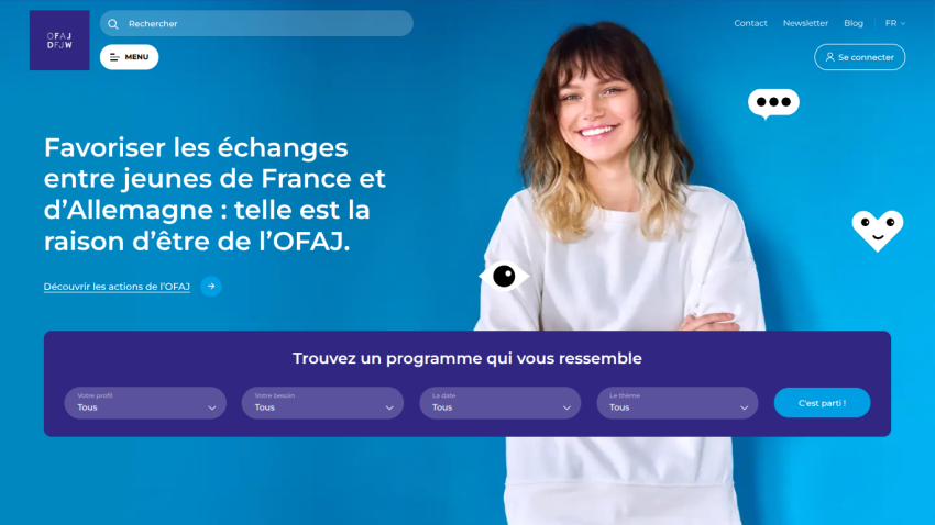 Homepage promoting exchanges between youth of France and Germany with a smiling woman and program search filters