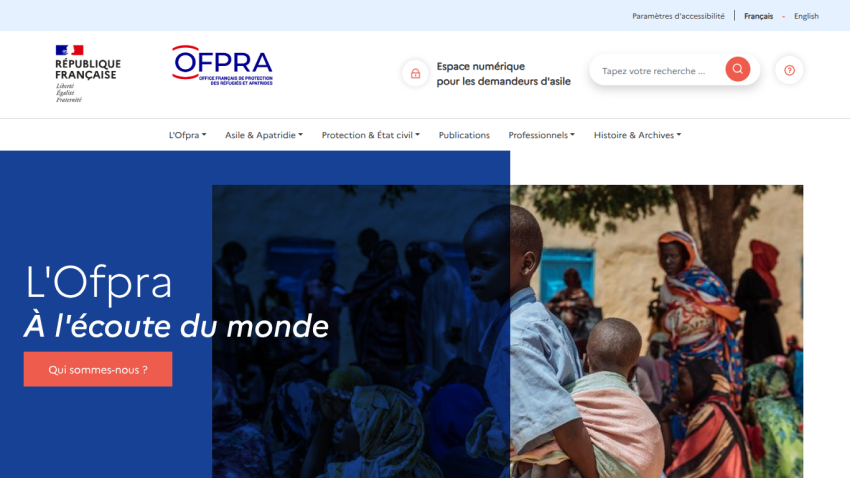 French OFPRA website homepage with navigation and hero text about listening to the world, featuring an image of people in colorful clothing.