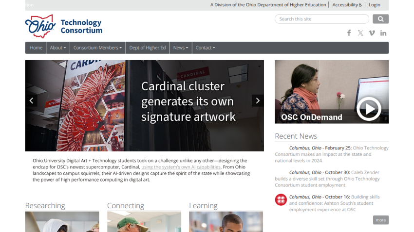 Ohio Technology Consortium homepage featuring AI-driven digital art on supercomputer Cardinal and recent news updates