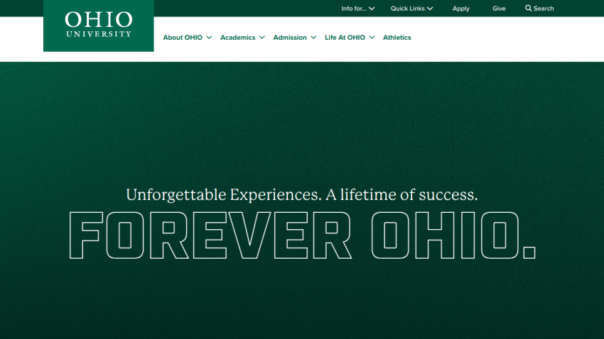 Ohio University homepage featuring the tagline 'Unforgettable Experiences. A lifetime of success. FOREVER OHIO.'