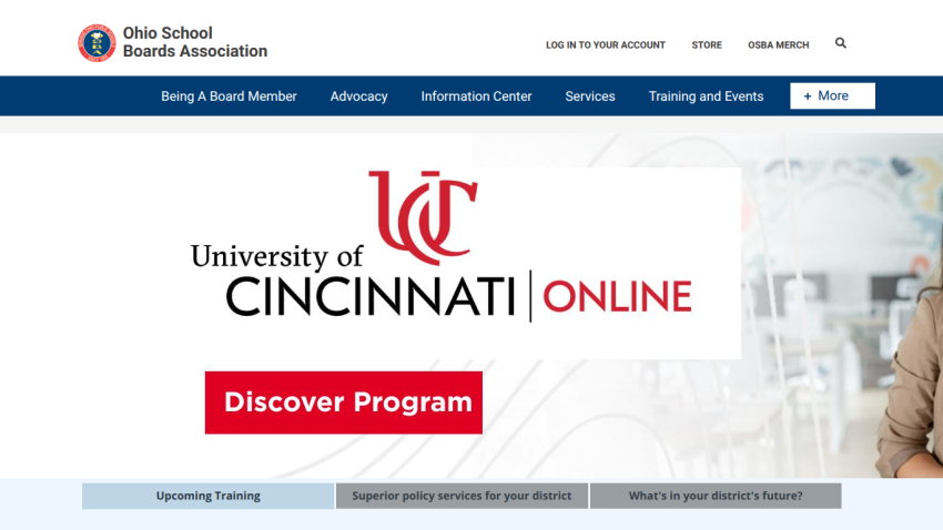 Ohio School Boards Association website featuring University of Cincinnati Online program promotion.