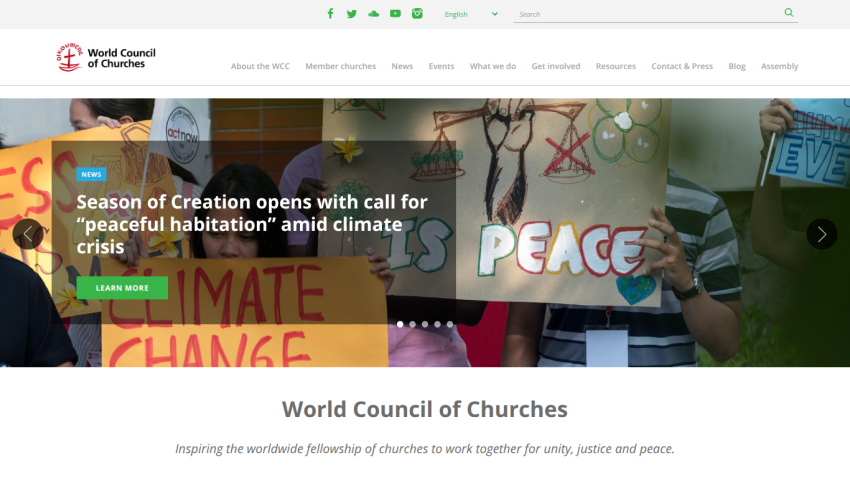 World Council of Churches homepage promoting climate action with a call for peace.