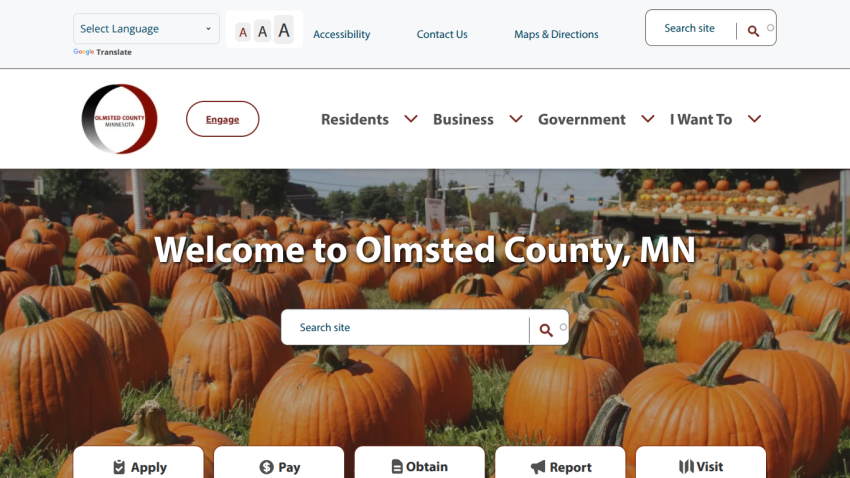 Olmsted County, MN official site with pumpkin field hero image, navigation menu, and search bar