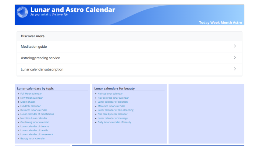 Lunar and Astro Calendar homepage with navigation links and sections for calendars and guides.