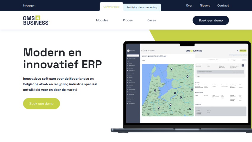 Homepage of OMS4Business showing modern ERP software for Dutch and Belgian recycling industry with demo button and map interface on laptop