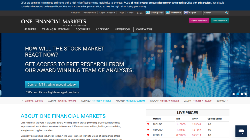 One Financial Markets homepage with stock market research offer, trading account button, live prices, and navigation menu