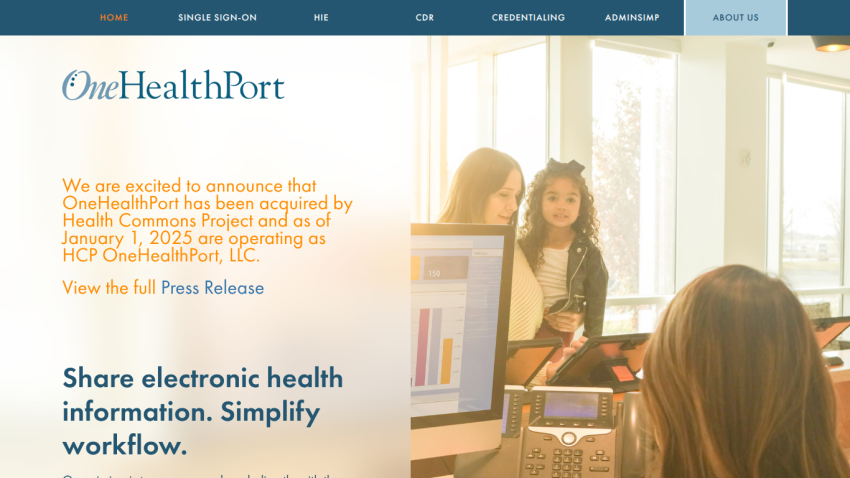 OneHealthPort homepage announcing acquisition by Health Current with a call to simplify electronic health information workflow