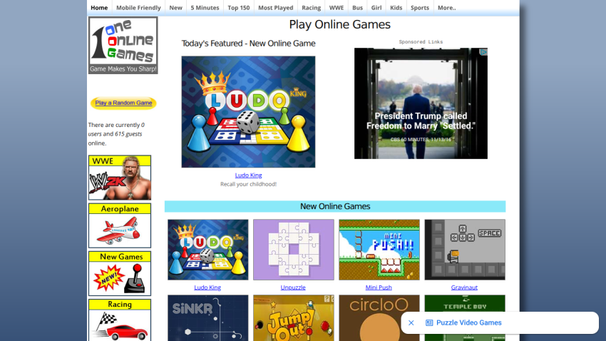Homepage featuring online games with a highlighted game and navigation options.
