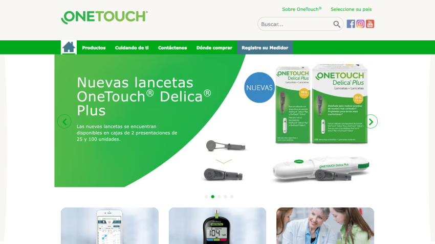 OneTouch website showing new OneTouch Delica Plus lancets available in 25 and 100 unit boxes with product images