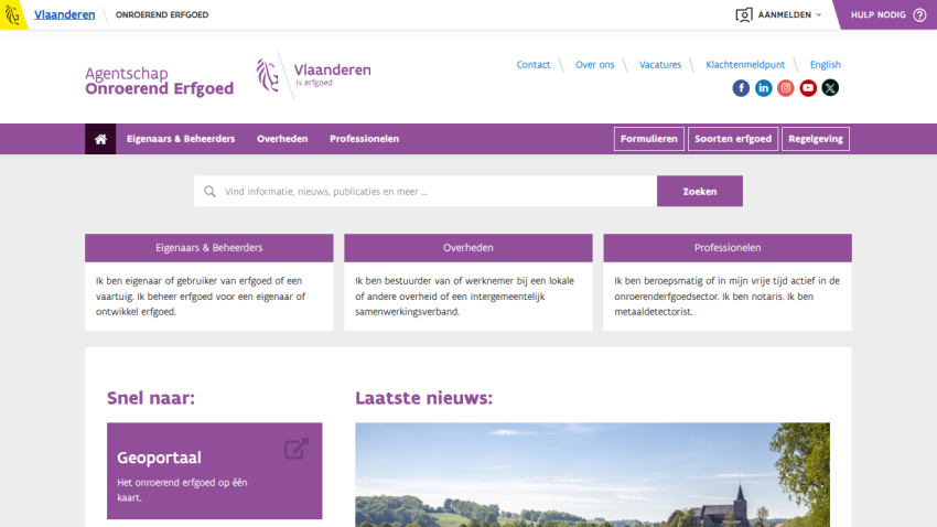Website homepage with navigation menu, search options, and latest news section in Dutch