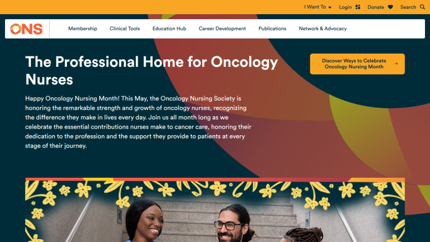 Homepage of the Oncology Nursing Society highlighting support for oncology nurses.