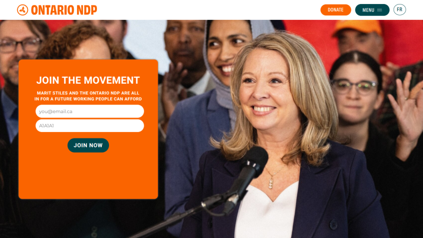 Ontario NDP website with a call to join the movement and a smiling woman speaking at a podium