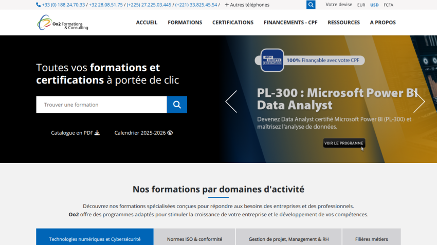 Homepage of Oo2 Formations & Consulting offering training and certifications with a search bar and featured Microsoft Power BI Data Analyst course