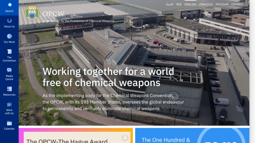 Homepage of the OPCW promoting a world free of chemical weapons.