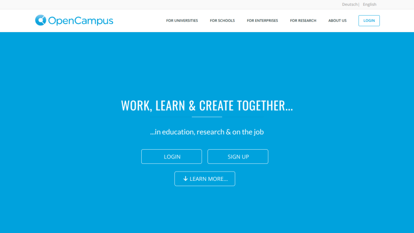 OpenCampus homepage with navigation links and a blue hero section inviting users to work, learn, and create together with login and sign up options